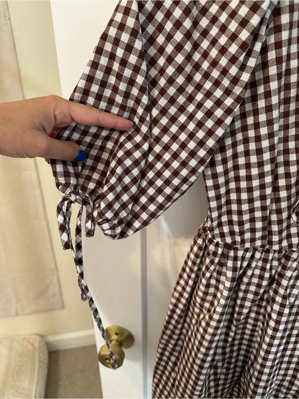 Gingham Tie-Front Mini Dress in Brown and White - Picture 5 of 6